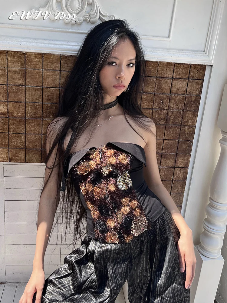 

Original Design Elastic Knitted Sequin Fibone Zipper Tube Top Women's Faion Summer ort Sle Splice Pattern Slim Fit