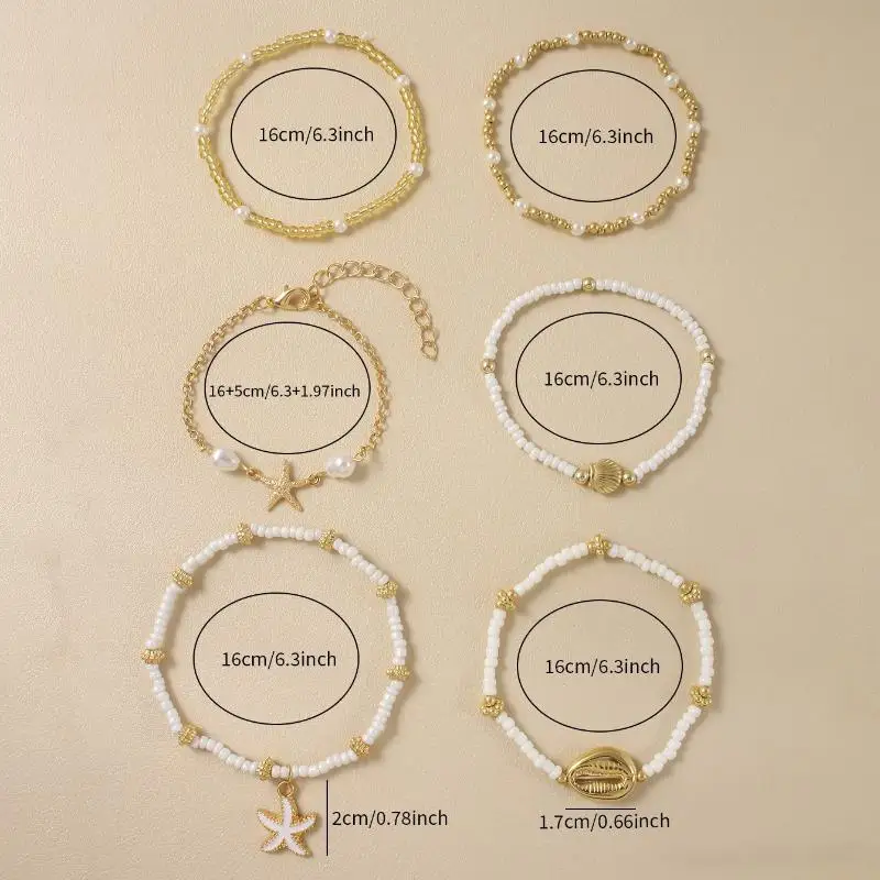 6PCS Bohemian Shell Starfish Bead Bracelet Set For Women Fashion Summer Beach Multilayer Stacked Pearl Bracelets Party Jewelry