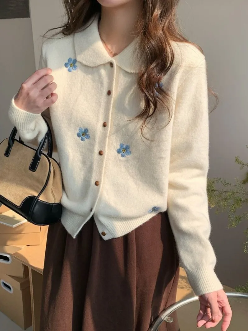 Sweet Sle المطرزة الأزهار Ne تريكو ملابس خارجية المرأة فضفاضة تناسب الخريف الشتاء Faion الكورية Sle الأعلى #3