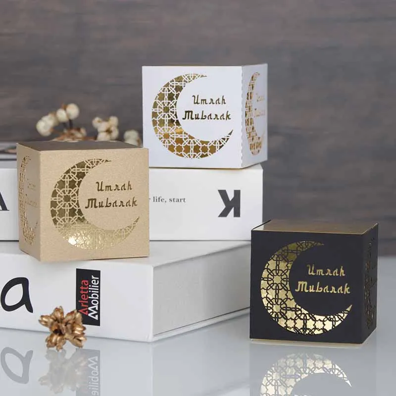 

50PCS Eid Mubarak Gift Laser Cut Moon Candy Box Paper Cookie Packaging Bag Ramadan Kareem Decor Islamic Muslim Party Supplies