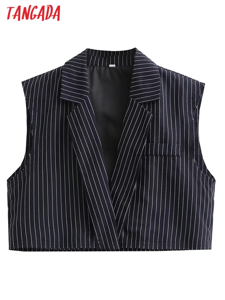 Tangada Women 2023 Fashion Striped Crop Vest Sleeveless Female Waistcoat Chic Tops QJ24