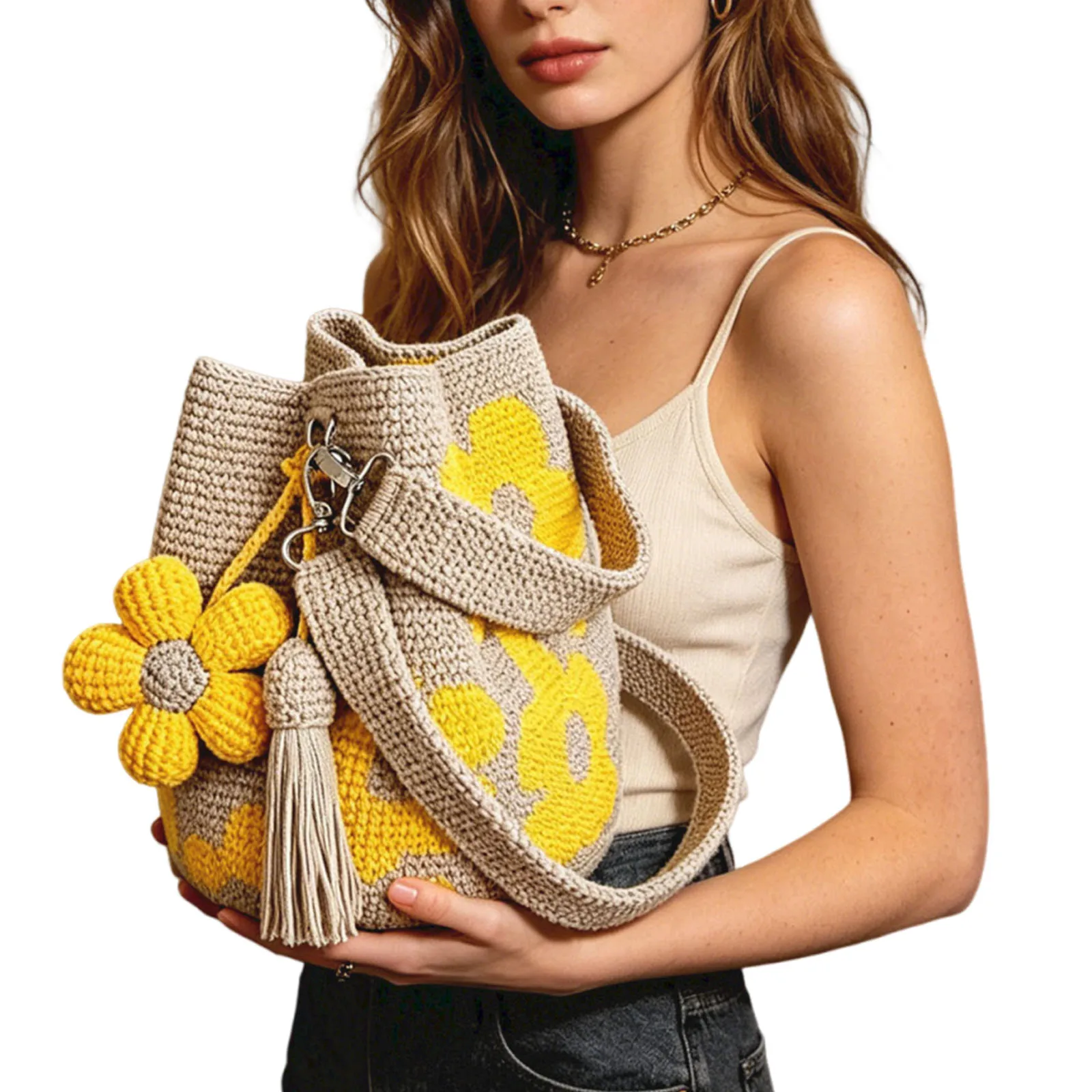 Image of Boho Strandtasche Leichte Bestickte Ästhetische Boho-Tasche mit Blumenquaste Handgehäkelte Gewebte Sommer-Strandtasche für Frauen