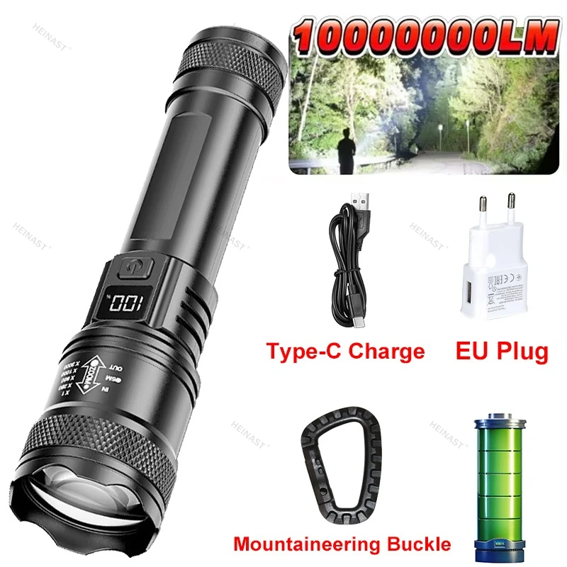 High Strong Power Led Flashlights 2000LM Tactical Torch with Display Light USB Charging Camping Fishing Emergency Zoom Lantern