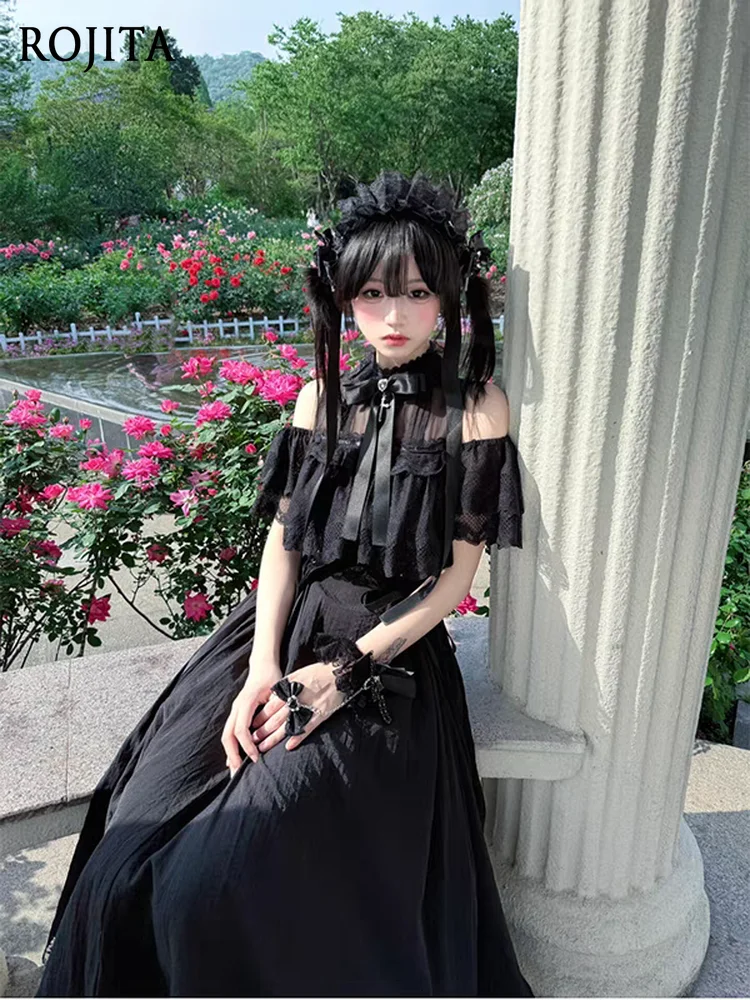 

Black and White Angel Clear Series Elegant Lady Off-Shoulder Flutter Sleeve Two-Way Lace Waist Slimming Short Sleeve Dress OP