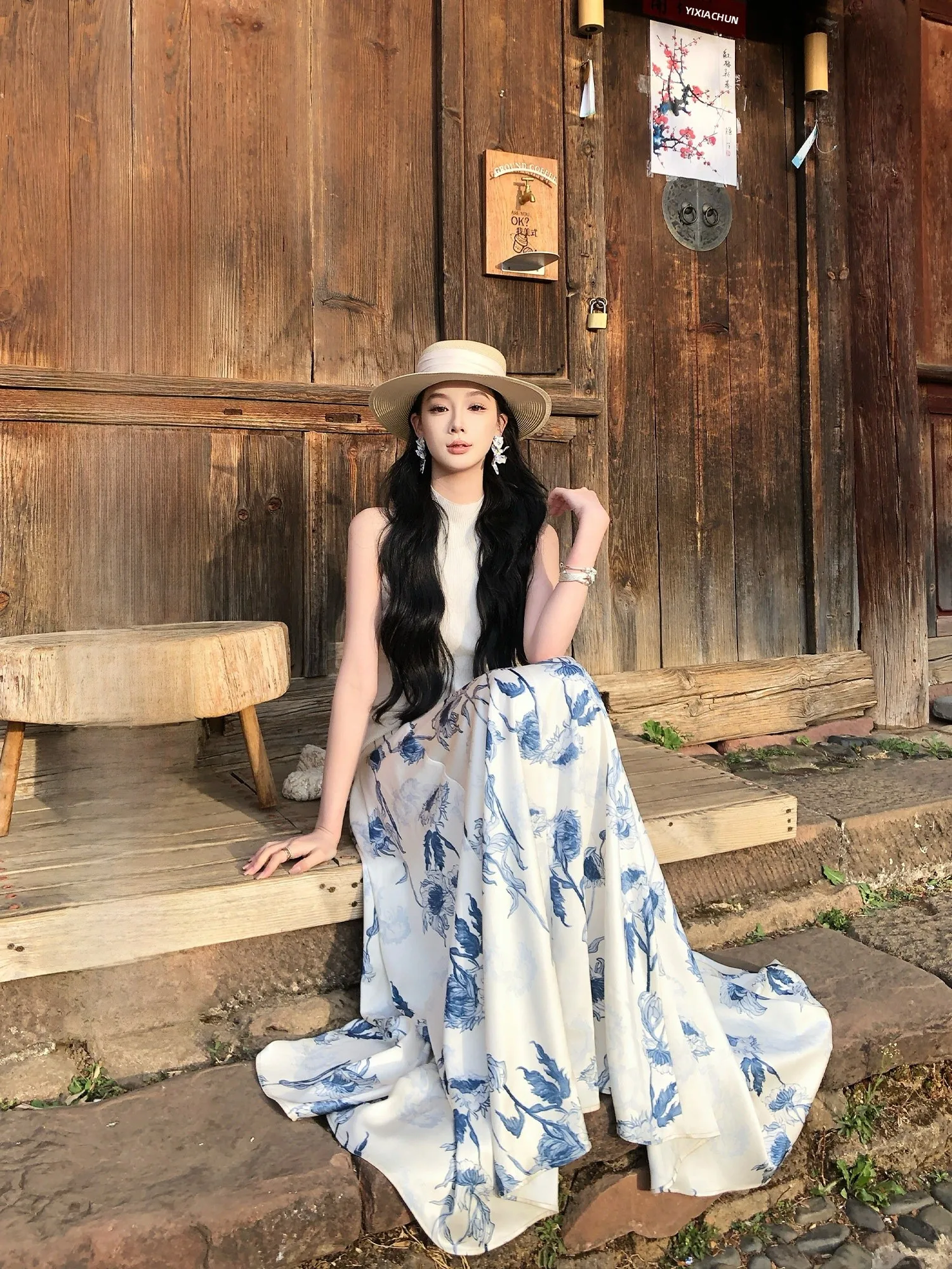 

New Chinese Style Midi Skirt Women's Summer 2026 Slimming Long Skirt Qingci Story Porcelain Blue Polyester Fiber H-Shape