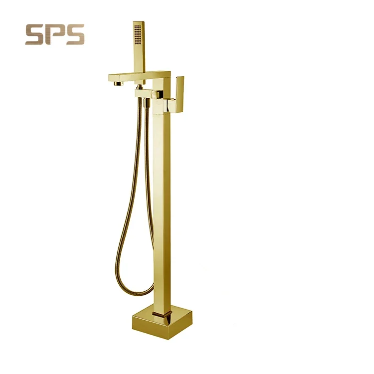 Original brand new510·01Y Bathroom Gold brush faucet filler floor standing hot & cold mixer brass Handheld Shower Free standing