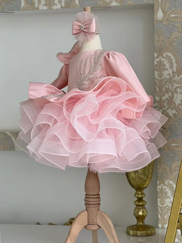 Vestido rosa de tul con volantes para niña, apliques de boda con lazo, vestidos de baile de princesa de primera comunión para cumpleaños y niños