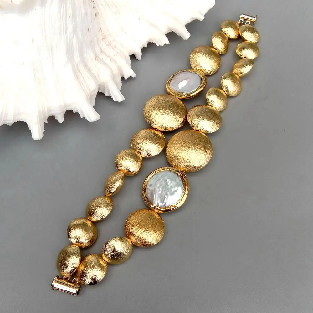 YYGEM 2 Strands Freshwater Cultured White Coin Pearl 15-20-26mm Gold Plated Brushed Bead Bracelet Women Wedding Jewelry