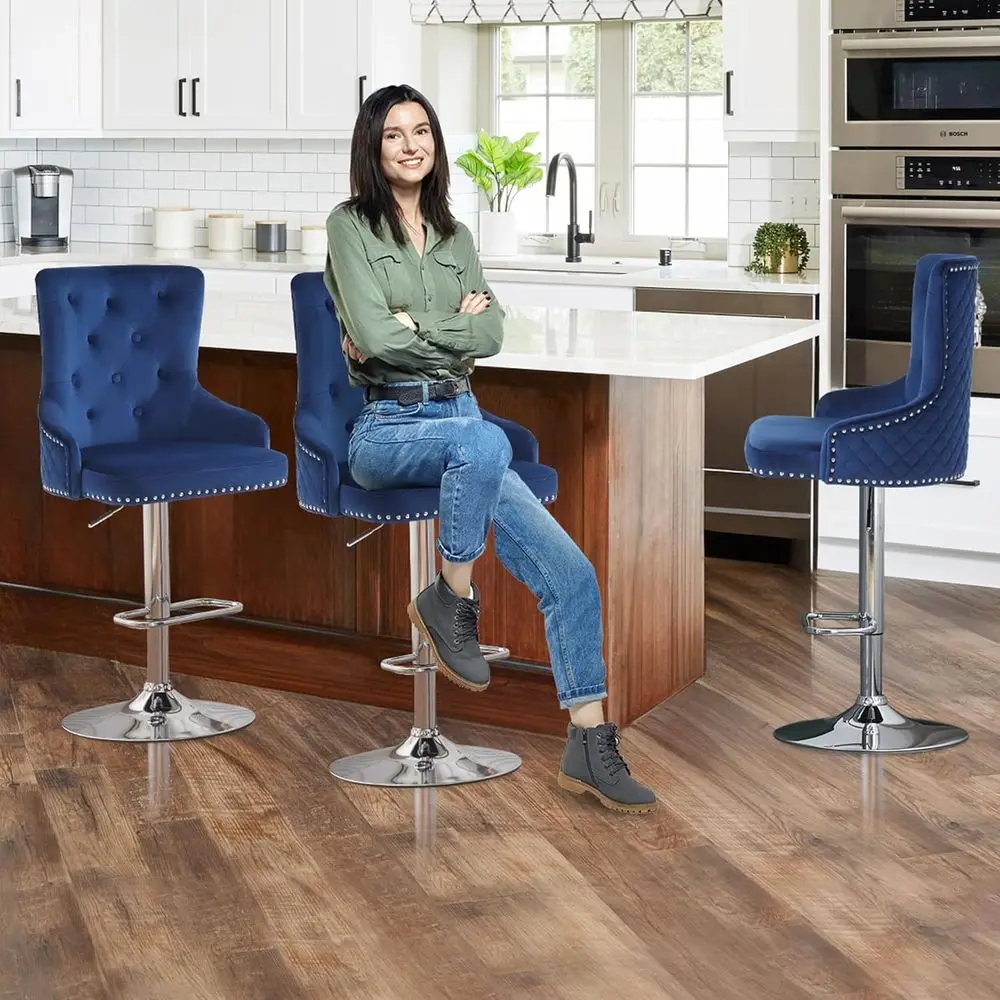 Set of 4 Velvet Swivel Bar Stools with Lion Pull Ring, Upholstered High Back Counter Height Chairs, Modern Adjustable Kitchen Is