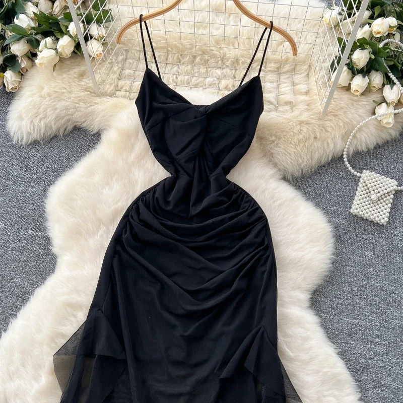 Pop Summer Sexy Strap Mesh Beach Long Dress Fashion Strap Cross Irregular Ruffles Split Sundress Solid Sheer Backless Party Dres