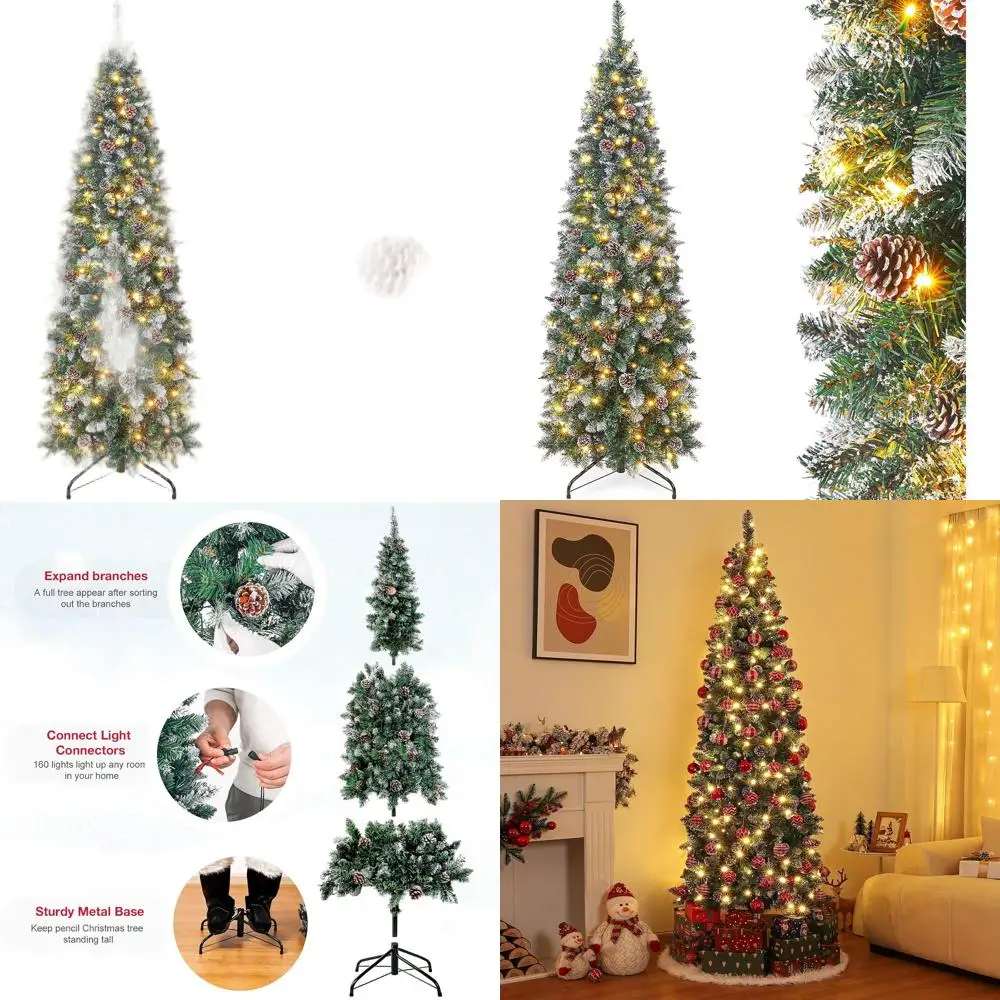 

5-Foot Pre-Lit Pencil Christmas Tree with 140 Warm White Lights and Snowy Pine Cones