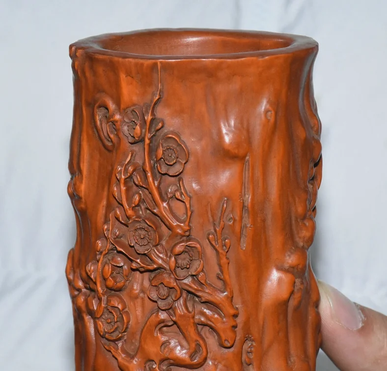 5.1''Old Boxwood Carving Plum Blossom Brush Pot Pencil Holder Statue Sculpture