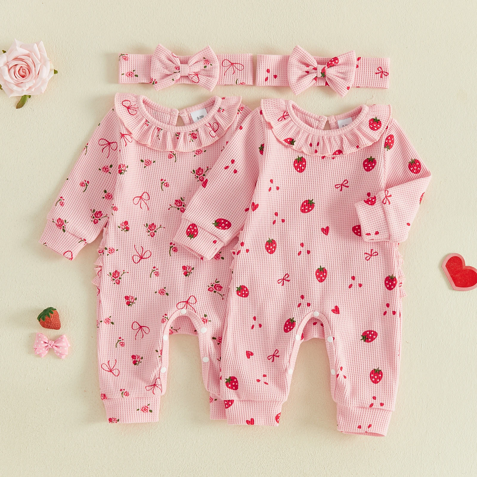 Newborn Baby Girl Fall Waffle Jumpsuits Outfit Ruffles Printed Long Sleeve Romper and Bow Headband