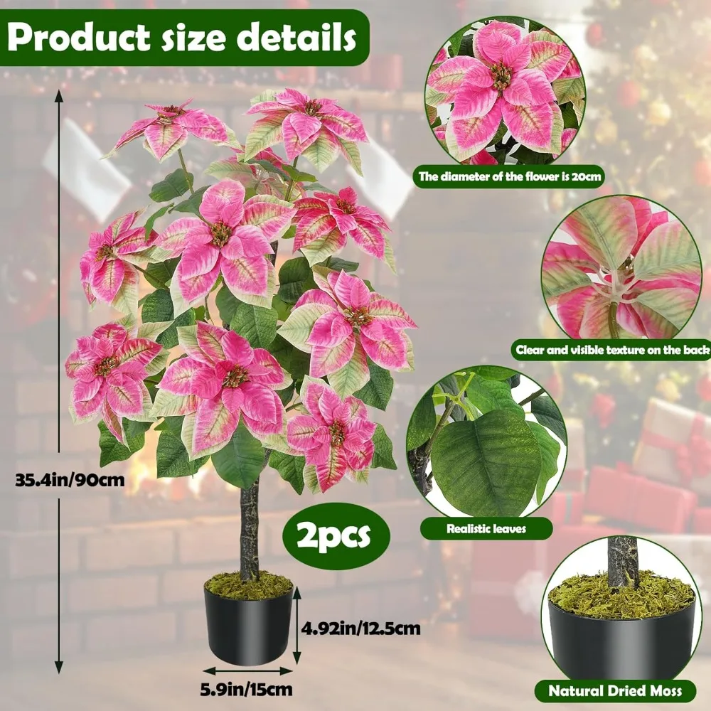 FT / 90 سنتيمتر شجرة البونسيتة الاصطناعية الوردي طويل القامة بوعاء زهور البونسيتة وهمية نابض بالحياة فو النباتات مع جذع الخشب الوردي #2