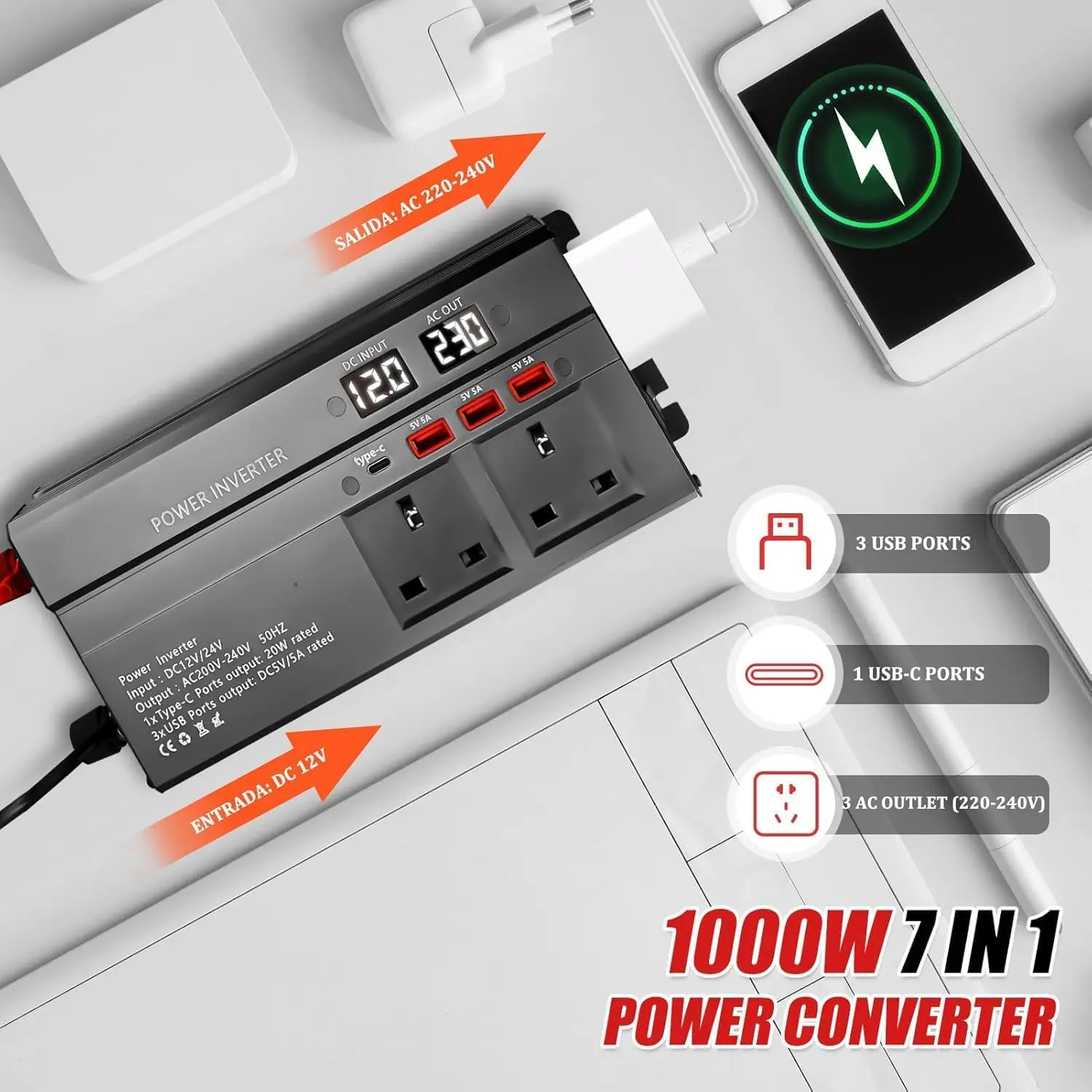 Car Power Inverter 1200W, DC 12V/24V to 200V-240V AC, with 3 Sockets, 3 USB, 1 Type-C, Dual LED Display, Emergency Power Supply