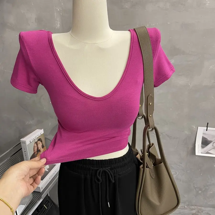 

Wholesale Shoulder Pads V NeckT Shirts for Women Basic Slim Fit Crop Top Women 2024 New Summer Top Short Solid T Shirt