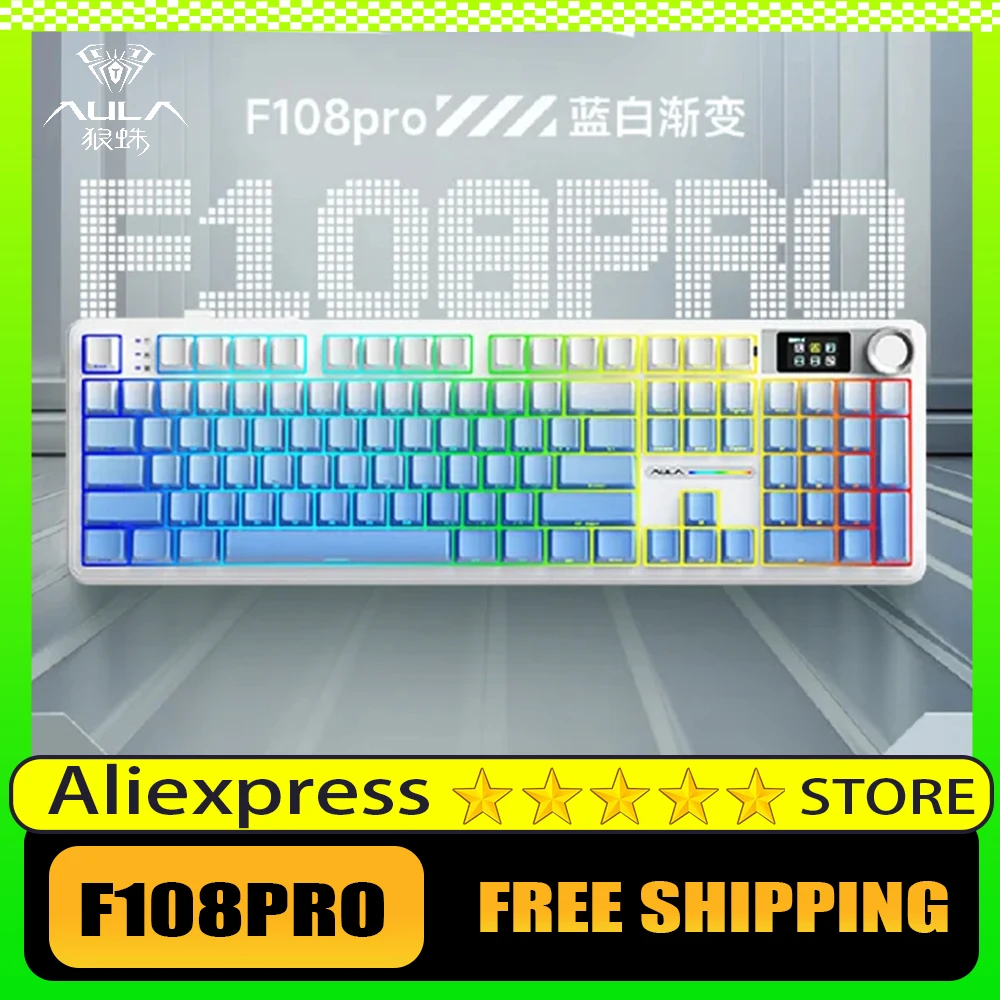 Keyboard Mekanik AULA F108PRO Tombol Multi-fungsi Nirkabel Tri Mode Layar Kustom Keyboard Gaming Nirkabel Aksesoris PC