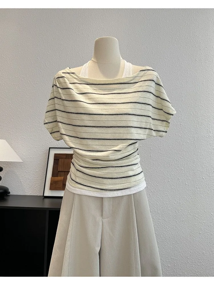 

Slimming Effect Knitted Short Sleeve Striped Texture Folded Waist Batwing Sleeve Micro plus Size Top for Women Summer 2026