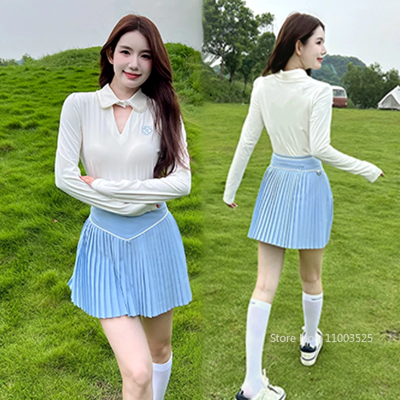 Women Long-sleeved Hollow-out Collar Top Pleated Skirt Spring Autumn Slim Golf Shirt Jersey Ladies High Waist Tennis Skorts