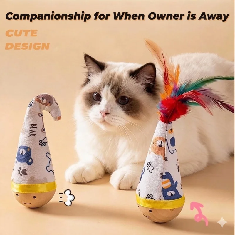 

Beech Wood Cat Wobbler Tumbler Toy Feather Interactive Indoor Self Play Anti Boredom Pet Supplies