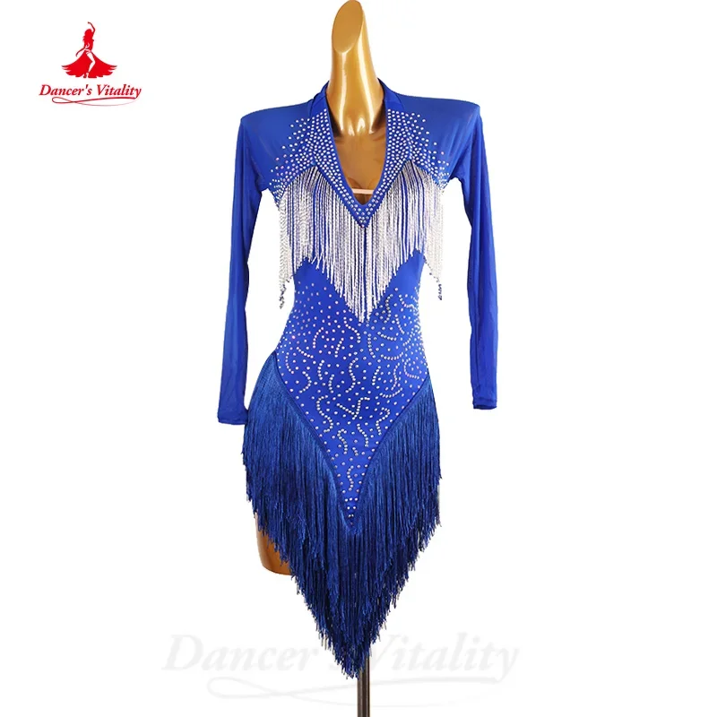 Disfraces de baile latino para adultos y niños, vestido de borla de diamantes de imitación, manga larga, personalizado, Tango, Chacha, Samba, vestidos de competición