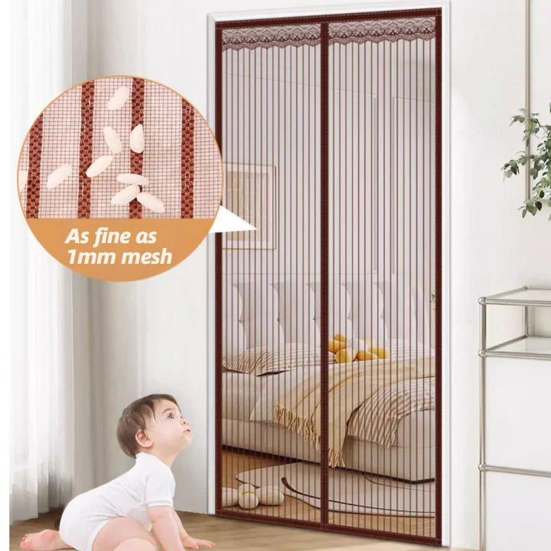 Gray Stripe Magnetic Mosquito Door Screen, Heavy Duty Diamond Mesh With 64 Strong Encrypted Magnets, Natural Camphor Wood Repell