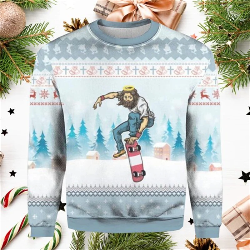 Funny Men Sweater 3D Jesus Printed Christmas Party Sweatshirt Christmas Sweater Men Casual Crew Neck Long Sleeve Pullover Top