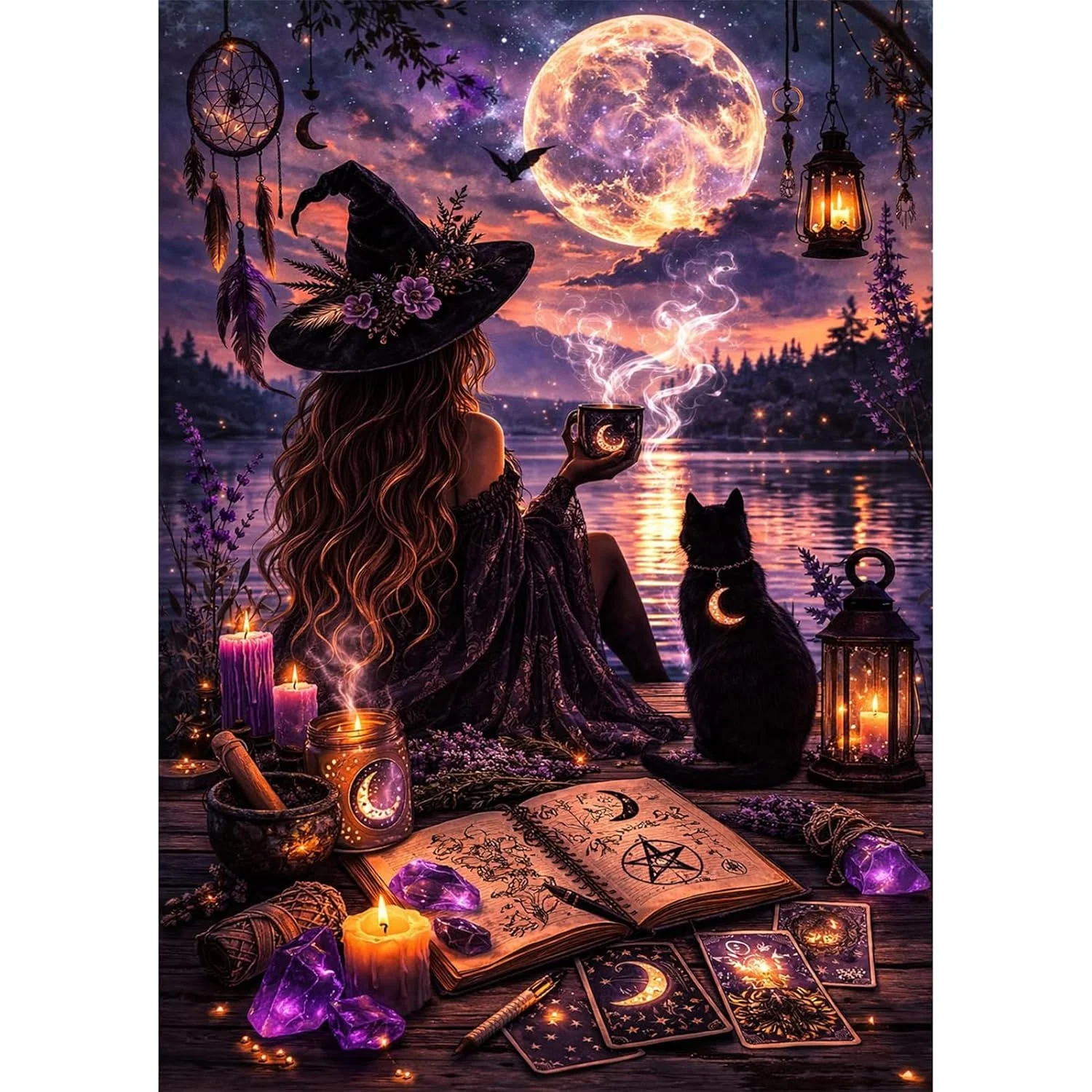 Diamantmalerei Hexe mit Schwarzer Katze unter Vollmond Tarot Kristall Magie Diamantmosaik Handgemachte Kunst Exquisites Geschenk Wohndekoration
