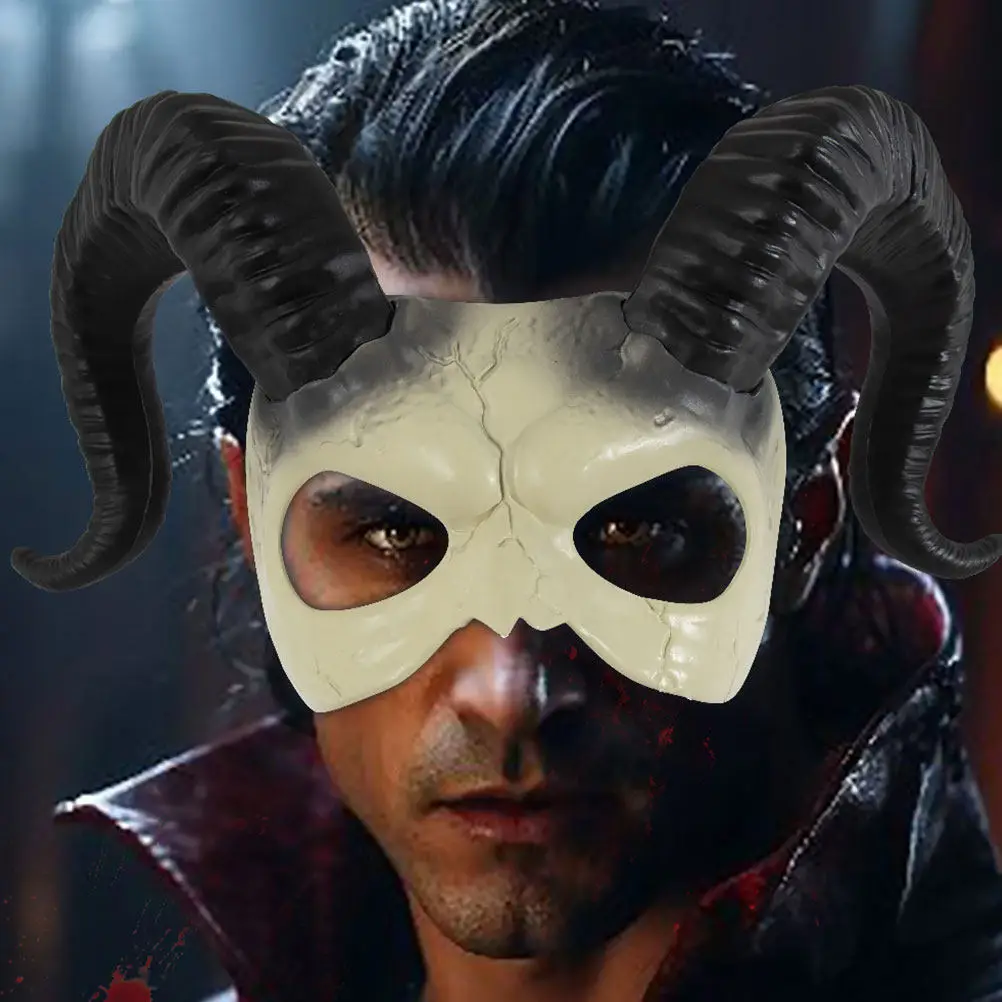 Máscara de demonio con cuernos de oveja para Halloween, máscara de medio rostro para fiestas de disfraces, máscara de animales para juegos de rol, accesorio para cosplay, máscara de Halloween aterradora.