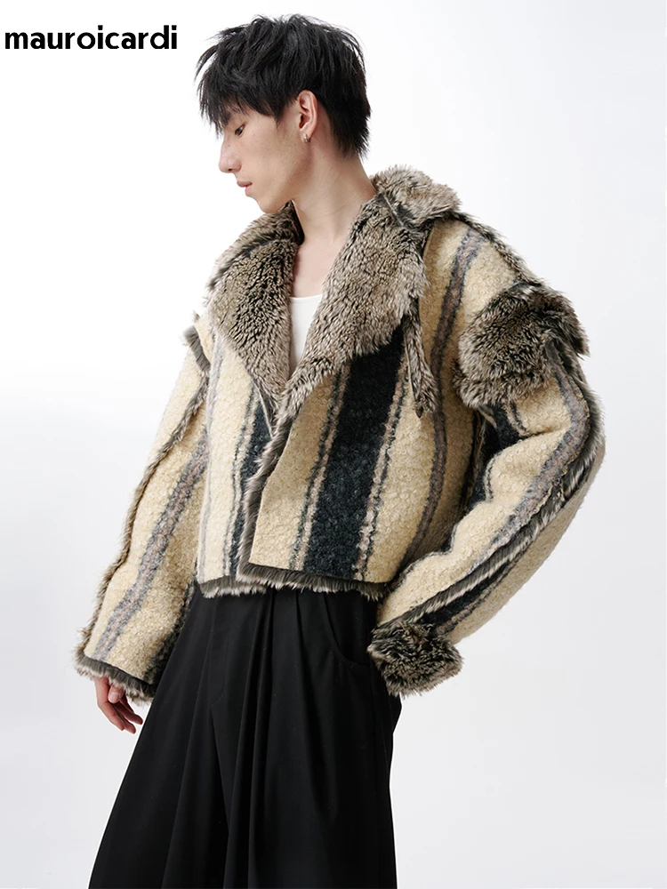 Mauroicardi Autumn Winter Oversized Cool Thick Warm Reversible Fluffy Jacket Faux Fur Coat Men Luxury Runway European Fashion