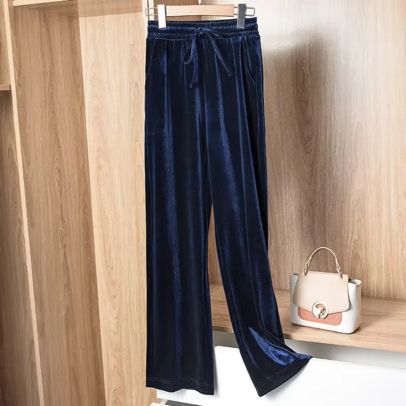 Big size Autumn Women Wide Leg Pants Casual High Elastic Waist Pockets velvet pants Fashion elegant Winter velour Trousers