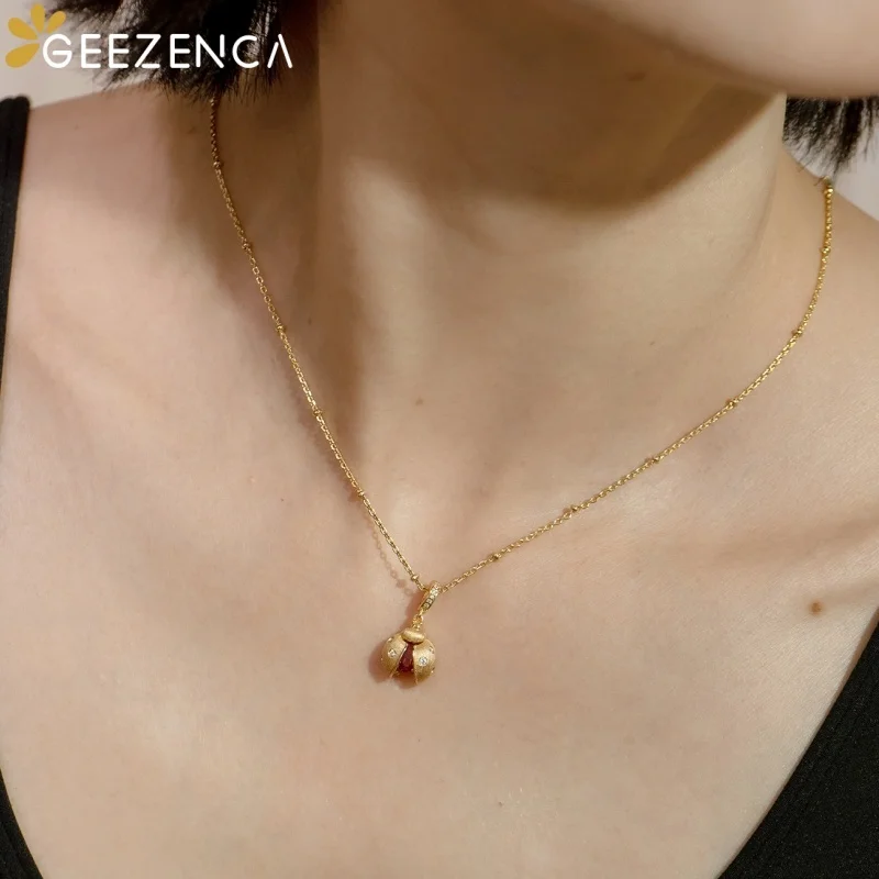 GEEZENCA 925 Silver Gold Plated Lucky Ladybug Pendant Necklace With Openable Wings Red Corundum CZ Dainty Inset Necklaces Gift