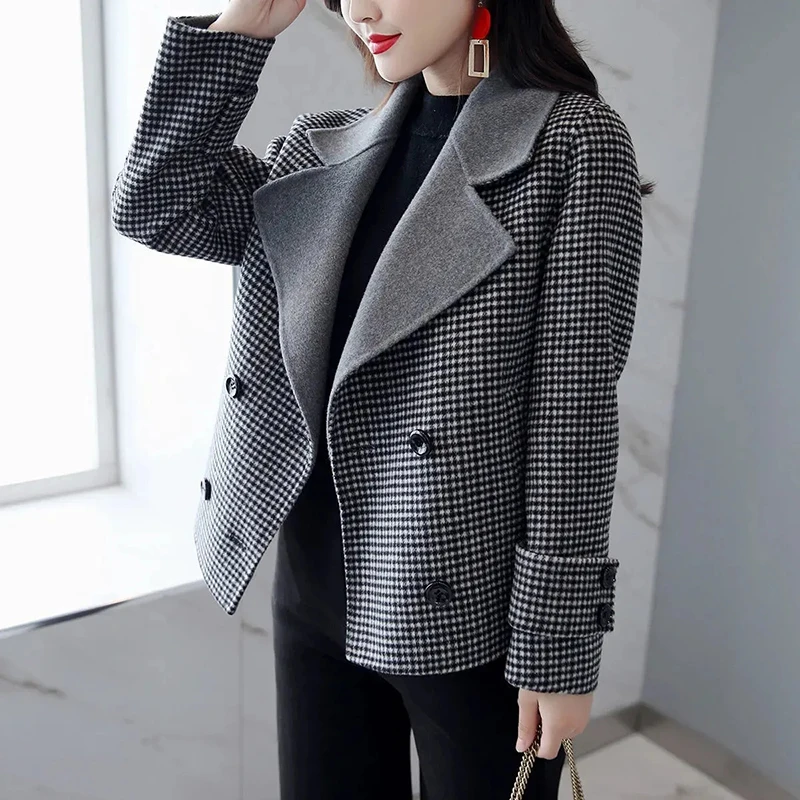 

Women's Short Woolen Jacket, Small, Fragrance Style, Grid Outerwear, Korean Fashion, High-End, Casual, Female, Autumn, Winter