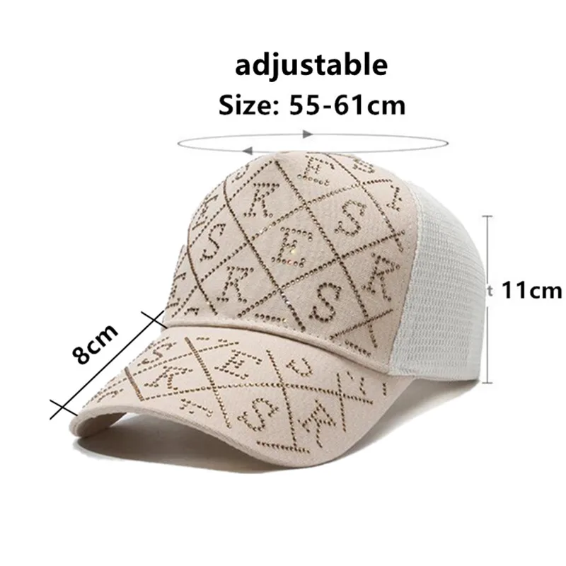 2024 New Summer Mesh Breathable Baseball Caps For Women Fashion Diamond Inlay Golf Cap Camping Sunscreen Travel Hat Women's Hats