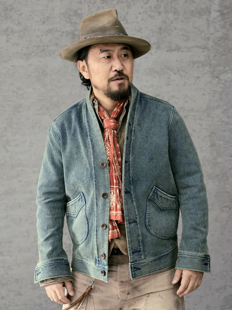 Amekaji Wear Clothes Men Blue Dyed Cardigan Jacket Robe Jacket Vintage Casual Dyed Distressed Good Quality