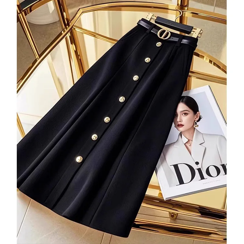 

Women Autumn Winter Simplicity Office Black High Skirt Waist Skirt Clothes Elegant Temperament All-match Trend A-line Skirt