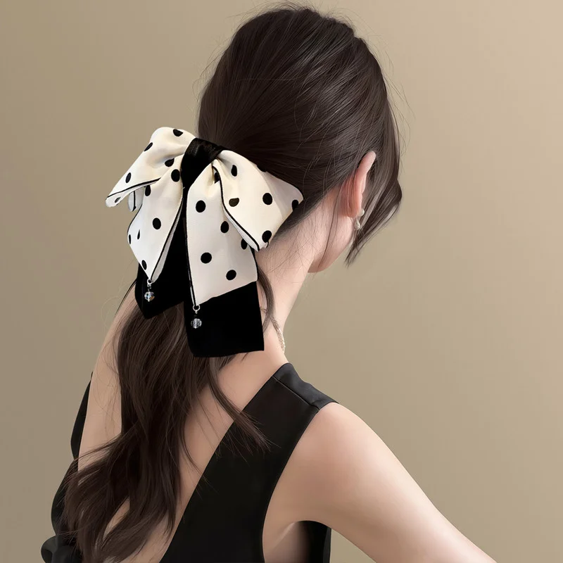 أبيض وأسود البولكا نقطة القوس الكبير مشبك شعر للمرأة أنيقة النسيج لونين دبوس الشعر فتاة الموضة الجزء الخلفي من رئيس الشعر البطلينوس