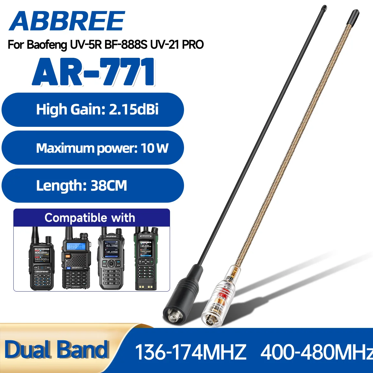 ABBREE AR-771 SMA-Female Dual Band Antenna 144/430MHz High Gain Soft Whip Walkie Talkie Antenna For Baofeng UV-5R UV-9R PRO