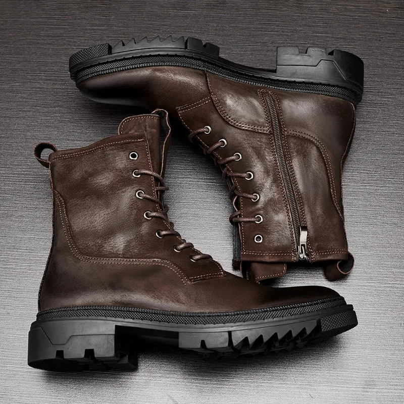 

Motorcycle Riding Boots Leather High Top Fashion Men's Fleece Trend Outdoor Boots Casual Platform Leather Shoes