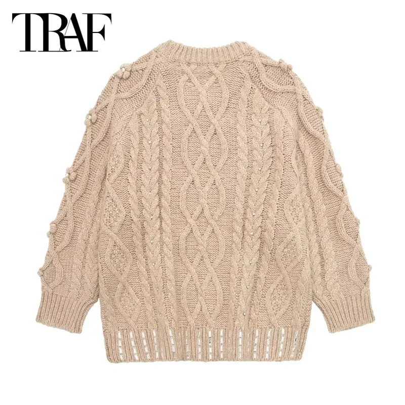 TRAF Autumn Winter Women's Rhinestone Knitted Sweater 2024 Long Sleeve Sweater Pullovers Tops Khaki Floral Oversized Knitwears