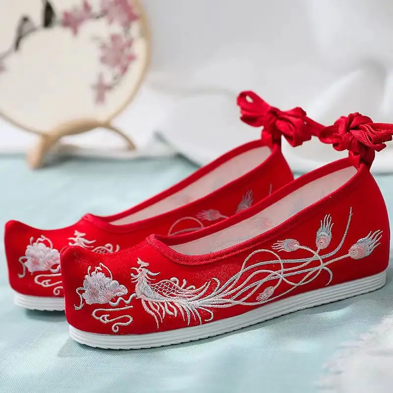 Traditional Cloth Shoes Upturned Bow Shoes Hanfu Shoes Ancient Style Lace Up Ancient Embroidered Shoes Elevated Dance Shoes