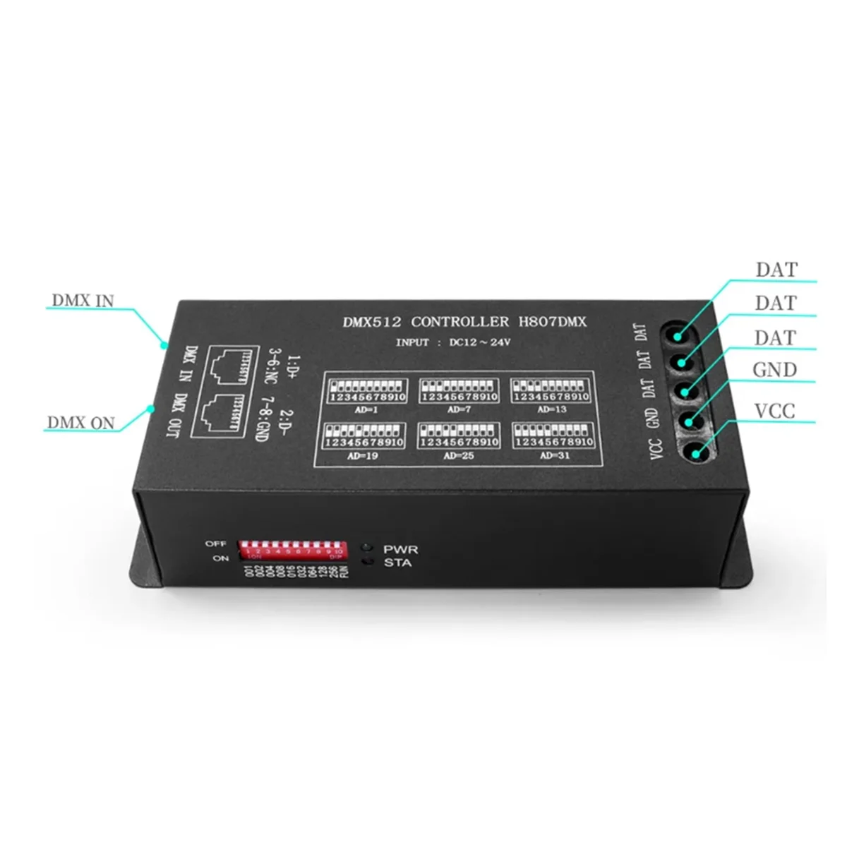 RGB LED Strip Controller, DMX512, H807, DMX, WS2811, WS2812B, WS2813, WS2815, pixels, DMX, luz de palco, 1024pixels