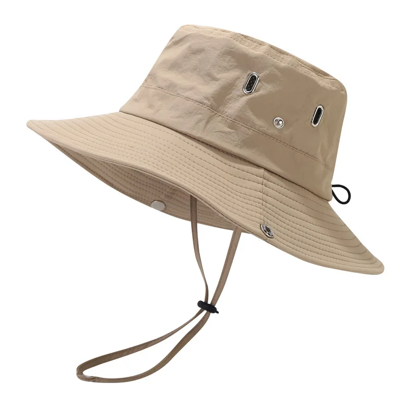 Windproof Men Outdoor Hat Wide Brim Flat Top Men Camping Hat Solid Anti-UV Strap Hollow Out Men Fisherman Hat Headwear Unisex