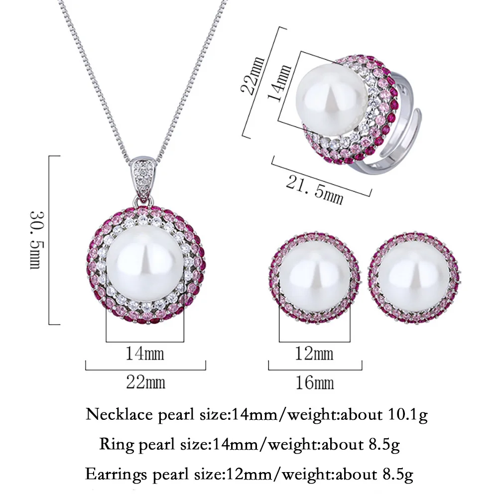 Luxury 12-14mm White Pearl Lab Diamond Pendant Necklace Ring Earrings for Women Wedding Party Fine Jewelry Set Anniversary Gift