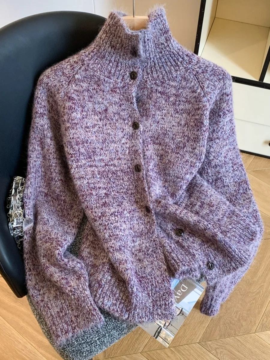 

Thiened High Collar Knitted Open Cardigan Women's Sweater Coat Single Button Loose Sle Autumn Winter Faion Outerwear