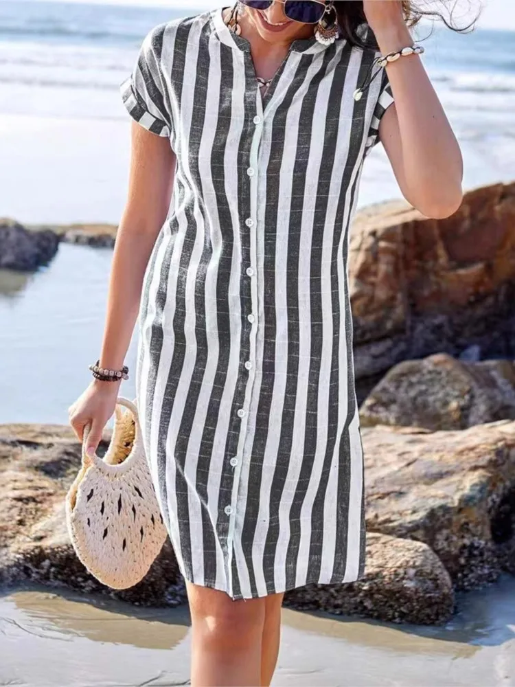 Elegant Striped Dress Lady Fashion Short Sleeve V Neck Button Shirt Dresses For Women Casual Holiday Office Womens Clothing New