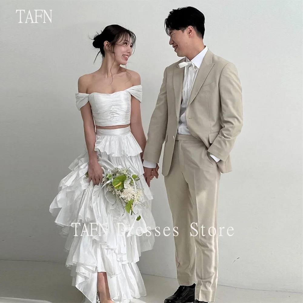 

TAFN Korea Wedding Party Dresses Photo Shoot A-line Tiered Ruffle Reception Dresses Off the Shoulder Two-Piece Bridal Gown