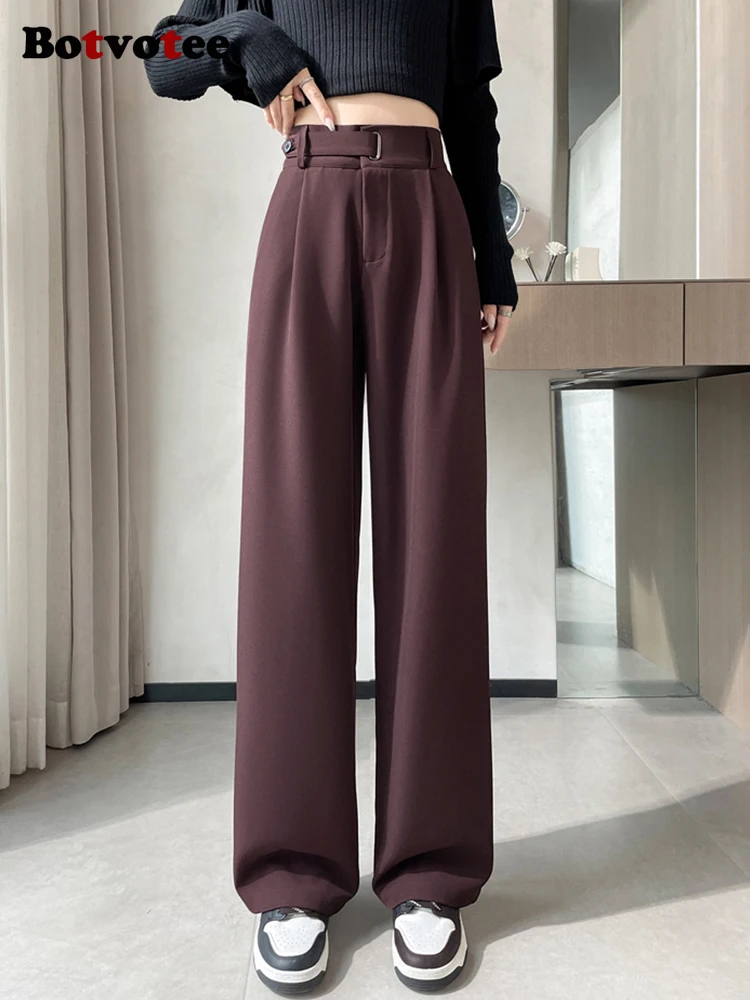 Botvotee Coffee Burgundy Suits Pants Women Elastic Band Office Lady Elegant High Waist Wide Leg Fashion Trousers with Pockets