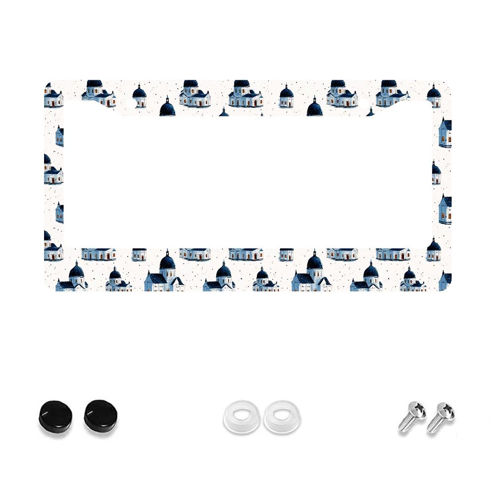 

1pc Blue and White Church Pattern 2-Hole License Plate Frame, Aluminum Material, 6x12 Inches with Screw Kit, Retro Novelty Car