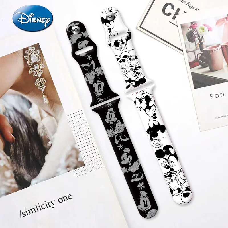 Disney Mickey Minnie White Black Print Strap for Applewatch S8765432SE Full Series Silicone for Replacement Watch Band 38-49MM